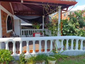 a porch with a white railing and flowers at HOTEL VILLA DANIELA in Puerto Triunfo