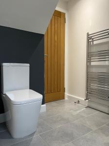 a bathroom with a toilet and a wooden door at Tiny House in Cosy Village in Milnathort