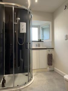 a glass shower in a bathroom with a sink at Tiny House in Cosy Village in Milnathort