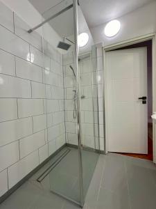 a shower with a glass door in a bathroom at Apartament Stadion - duży apartament blisko Stadionu Narodowego w Warszawie. in Warsaw