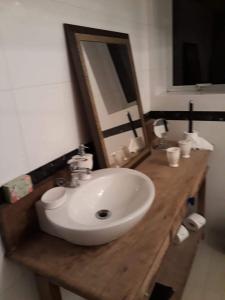 a bathroom with a white sink and a mirror at Loft em Caldas da Imperatriz - SC in Santo Amaro da Imperatriz