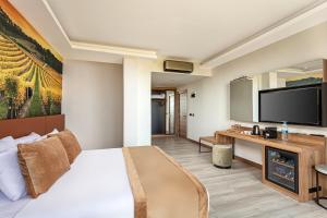 ein Hotelzimmer mit einem Bett und einem Flachbild-TV in der Unterkunft Wiyana Wanda in Elmalı