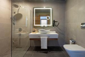 uma casa de banho com um lavatório, um espelho e um WC. em Wiyana Wanda em Elmalı