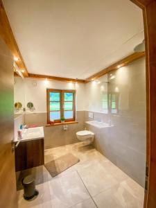 ein Badezimmer mit einem WC, einem Waschbecken und einem Spiegel in der Unterkunft Ferienwohnungen Gastager Hof in Ruhpolding