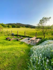 a park with benches in a field with flowers at Apartmány U Studánky in Horní Bečva