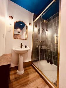 La salle de bains est pourvue d'un lavabo, d'une douche et de toilettes. dans l'établissement Le Logis Des Sorciers, à Montluçon