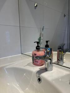 a bathroom sink with a pink bottle of toothpaste on it at The Hague Heritage in The Hague