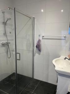 a bathroom with a glass shower and a sink at The Hague Heritage in The Hague