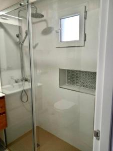 ein Bad mit einer Dusche, einem WC und einem Fenster in der Unterkunft Las Casas de Mar Zahara de los Atunes in Zahara de los Atunes