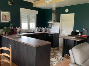 eine Küche mit grünen Wänden und einer Arbeitsplatte in der Unterkunft Maison de charme 