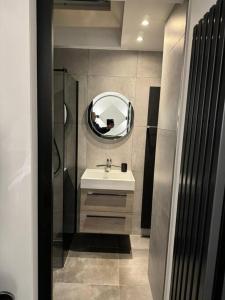 een badkamer met een wastafel en een spiegel bij Luxe woning Bubbles! Met airco en Parkeren op eigen grond in Castricum
