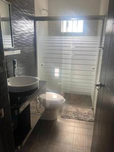 ein Bad mit einem WC, einem Waschbecken und einer Dusche in der Unterkunft Casa confortable cerca de playa in Ciudad Madero