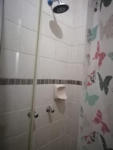a bathroom with a shower with butterflies on the wall at GLORIA'S GUESTS.COM in Polokwane