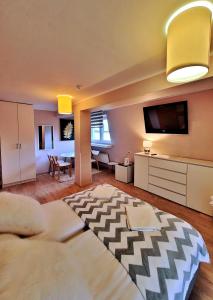 Pensjonat Markus في برزيسكا: غرفة معيشة مع سرير وتلفزيون بشاشة مسطحة