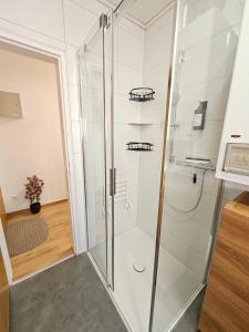 a shower with glass doors in a bathroom at Fewo Honey, ganze Ferienwohnung mit 3 Schlafzimmern, Waschmaschine,Businesswohnung, Monteurzimmer in Salzgitter