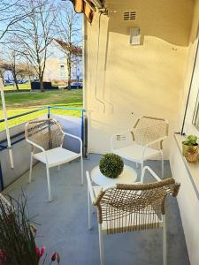 a patio with two chairs and a table with a plant at Fewo Honey, ganze Ferienwohnung mit 3 Schlafzimmern, Waschmaschine,Businesswohnung, Monteurzimmer in Salzgitter