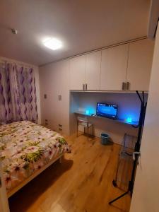 a bedroom with a bed and a desk with a television at New Bedrooms Mamma Gigetta in Noventa di Piave