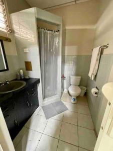 a bathroom with a shower and a toilet and a sink at Suite in Urdesa Central Guayaquil in Guayaquil