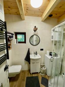 a bathroom with a sink and a mirror at Zamojskie Bieszczady in Stary Zamość
