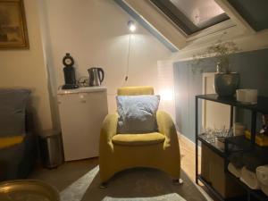 uma cadeira amarela com uma almofada num quarto em Bed and breakfast Carma Arnhem em Arnhem