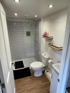 uma casa de banho com um WC, uma banheira e um lavatório. em Cosy cabin in Annie’s meadow em West Meon
