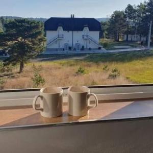 zwei Kaffeetassen auf einem Fensterbrett mit Scheune in der Unterkunft Apartman Narcis Polje 3 in Divčibare