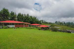 a building with red roofs on a grass field at Finca La Toscana in Pereira