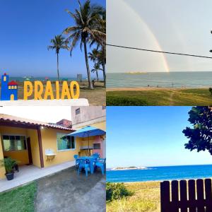 eine Collage mit Fotos vom Strand und einem Regenbogen in der Unterkunft Casa á Beira-Mar Praião, Prainha, Barra de São João in Barra de São João