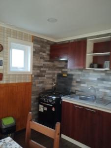 una cocina con estufa y fregadero en Cabañas Marina del Sur 1, en Puerto Natales
