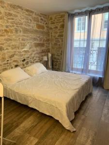 a bedroom with a large bed with a brick wall at Studio Georges cosy 2 pers Vieux Lyon in Lyon