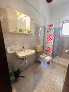 uma casa de banho com um lavatório, um WC e um espelho. em Marina Studios em Sidari