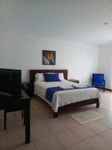 um quarto com uma cama, uma secretária e uma televisão em Hotel Yurak em Archidona
