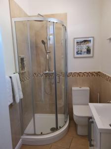 La salle de bains est pourvue d'une douche et de toilettes. dans l'établissement Skipton House Annex, à Thirsk