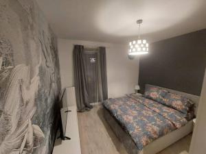 um quarto com uma cama e um lustre em Apartament nad Wisłą, bezpłatny parking em Cracóvia