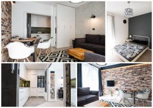 uma colagem de fotos de uma sala de estar e uma cozinha em Apartament nad Wisłą, bezpłatny parking em Cracóvia