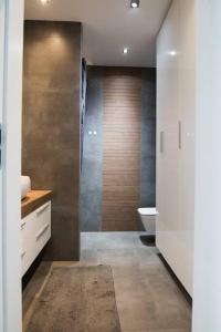 Un baño con ducha y WC. en Apartament nad Wisłą, bezpłatny parking, AWG APARTMENTS, en Cracovia