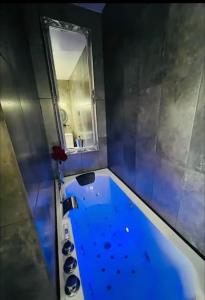 a bathroom with a blue tub with a mirror at Orphelin studio avec Balnéo proche centre ville in Reims