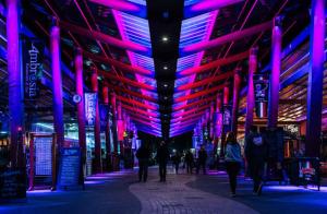 people walking down a street with pink and purple lights at T Two on Whakaue in Rotorua