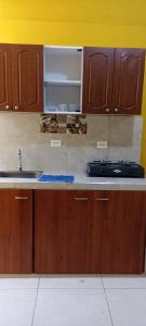 - une cuisine avec des placards en bois, un évier et un comptoir dans l'établissement Apartaestudio amoblado, à Piendamó
