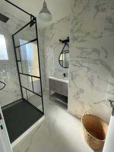 a bathroom with a shower and a sink and a mirror at Villa TILLA 110 m2, terrasse babyfoot fléchettes in Arcachon +13 photos