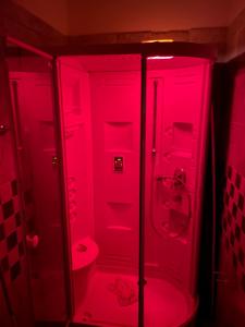 uma casa de banho vermelha com um WC e um lavatório em Apt. 80 m2, wifi, jacuzzi, 5 guests, 10min center em Zagreb