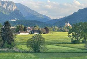 a green field with a town and mountains in the background at Ferienwohnungen Bergluft in Aschau im Chiemgau