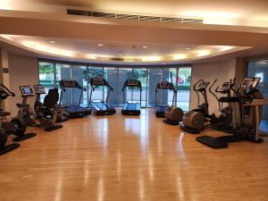 a gym with a bunch of treadmills and exercise bikes at Downtown Oasis, Burj Khalifa Views, Luxury Amenities in Dubai