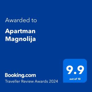 Certifikát, hodnocení, plakát nebo jiný dokument vystavený v ubytování Apartman Magnolia