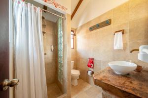 a bathroom with a sink and a toilet and a shower at Casa de Las Aguas in Villa de Leyva