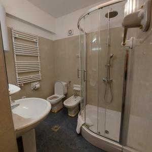 a bathroom with a shower and a toilet and a sink at Villa Šolta in Rogač +37 photos