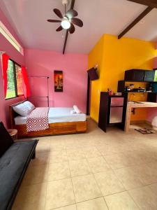 una camera da letto con pareti colorate, un letto e una scrivania di Caribbean Blue Morpho Casitas a Talamanca