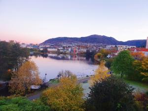 vista su un fiume con una città sullo sfondo di Beautiful, convenient, central room 2 a Bergen