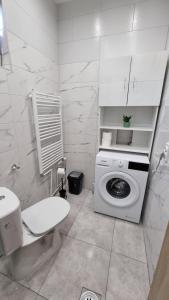 a white bathroom with a washing machine and a toilet at Apartment and rooms Corina in Bilje