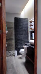 a bathroom with a toilet and a black shower at El Callejón Hotel Boutique in Oaxaca City